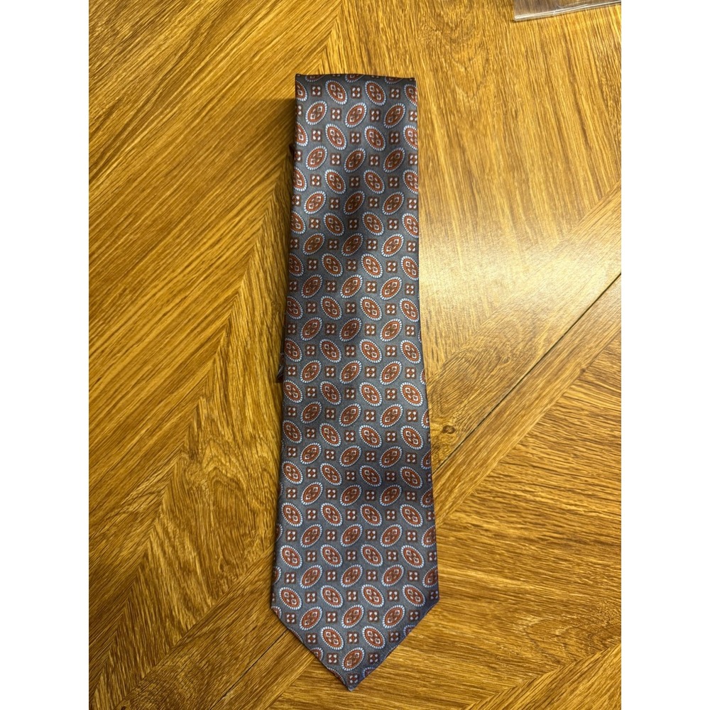 Premium Silk Men's Tie - Gray Orange Paisley Geometric